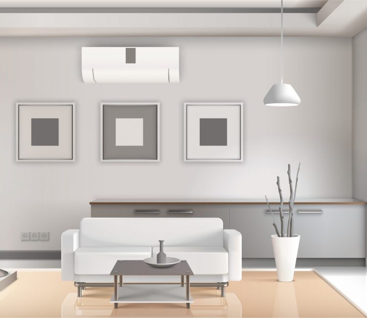 Realistic living room interior in light tones with furniture, lamps, picture frames, beige floor 3d vector illustration
