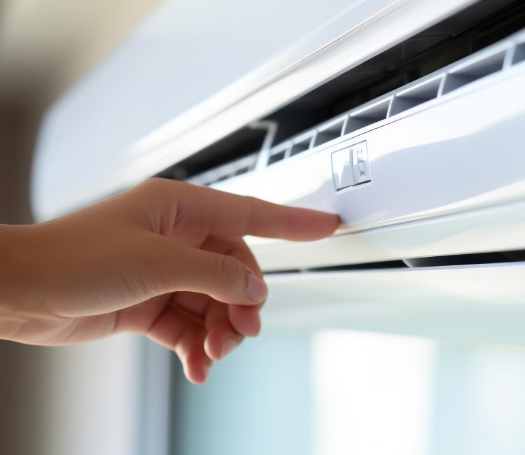 A hand checking the air conditioner in the room.